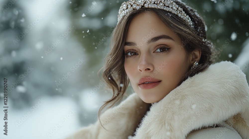 Woman in a long flowing white fur coat stands gracefully in a snowy forest, adorned with a jeweled crown, surrounded by softly falling snow Woman in a long flowing white fur coat stands gracefully in a snowy forest, adorned with a jeweled crown, surrounded by softly falling snow