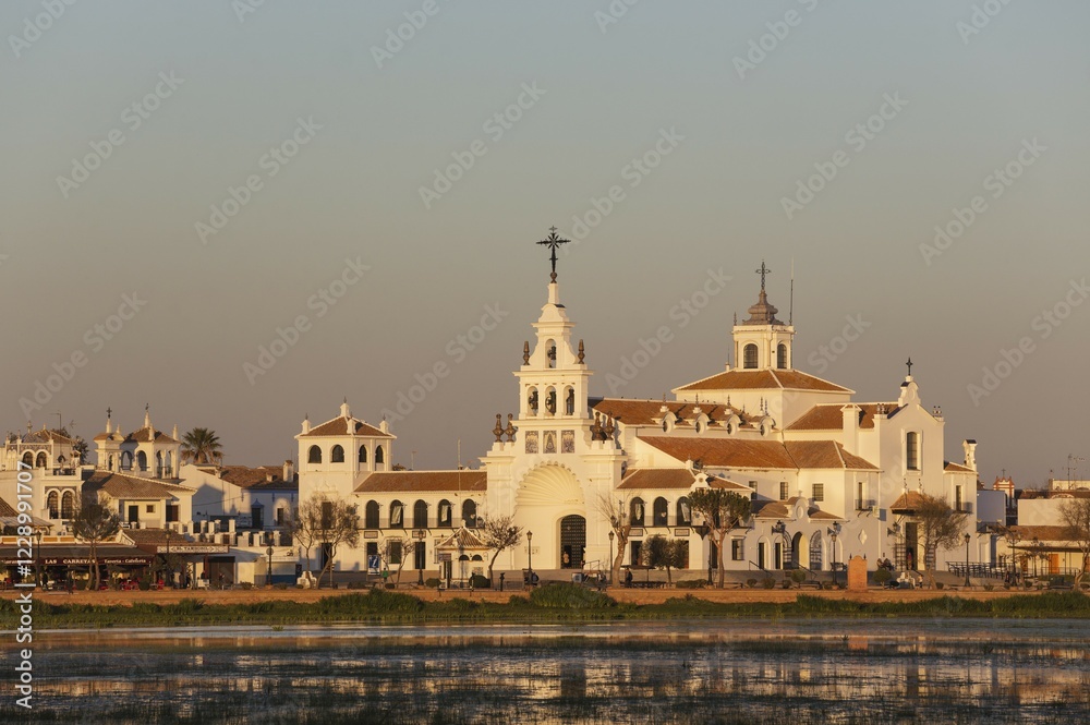 Village El Rocio with the Hermitage of El Rocio, at the marsh Madre de las Marismas del Rocio, National Park Doñana, Huelva province, Andalusia, Spain, Europe