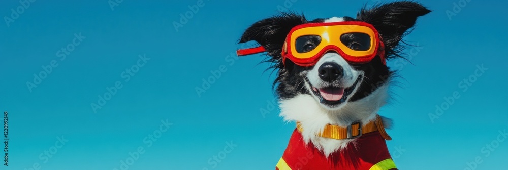 Fototapeta premium Happy border collie dog wearing goggles against a blue sky.