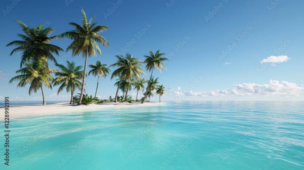 Tropical Island Beach Scene with Turquoise Water and Palm Trees
