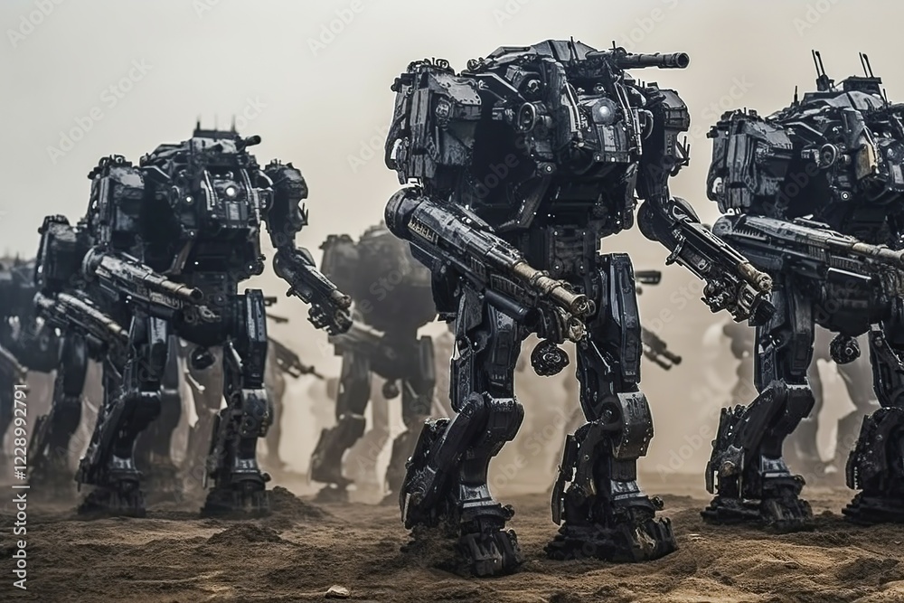 Fictional, AI fighting robots on a scorched battlefield of a war of the future, AI generated Fictional, AI fighting robots on a scorched battlefield of a war of the future, AI generated