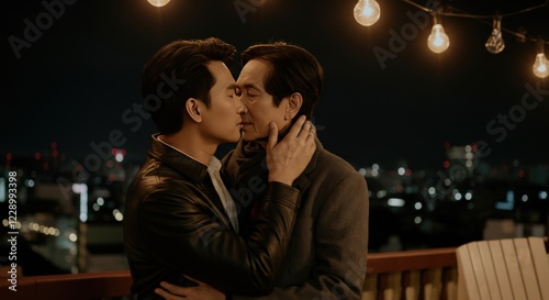 Romantic evening embrace between asian adults under string lights on rooftop