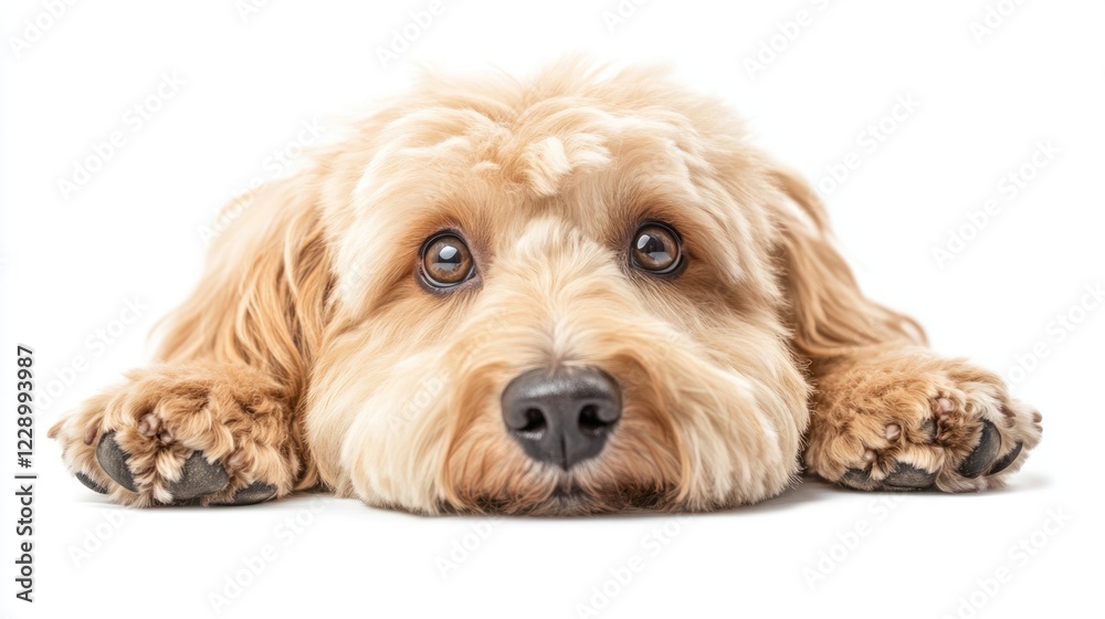 Adorable golden doodle dog lying down, looking at camera with big, expressive eyes on white background.