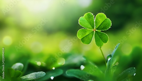 Close-up of a trefoil leaf in large drops of dew against the Green background for St. Patrick's Day. Lucky Irish three-leaved shamrocks, a holiday symbol in the bright green spring forest. St tree photo