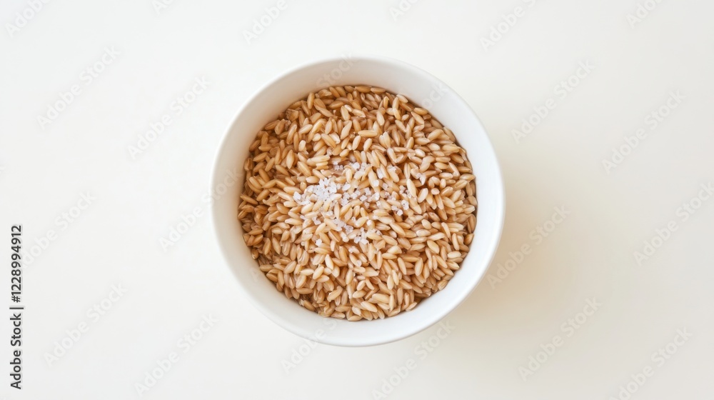 A minimalist bowl of plain farro with a light drizzle of olive oil and a sprinkle of fresh basil, served in a simple white ceramic bowl, Farro centered A minimalist bowl of plain farro with a light drizzle of olive oil and a sprinkle of fresh basil, served in a simple white ceramic bowl, Farro centered