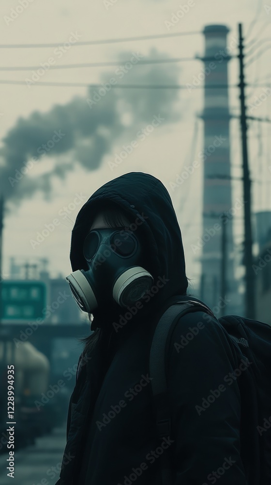 Post-Apocalyptic Figure in Gas Mask Amidst Industrial Smog and Factory Chimneys. Post-Apocalyptic Figure in Gas Mask Amidst Industrial Smog and Factory Chimneys.