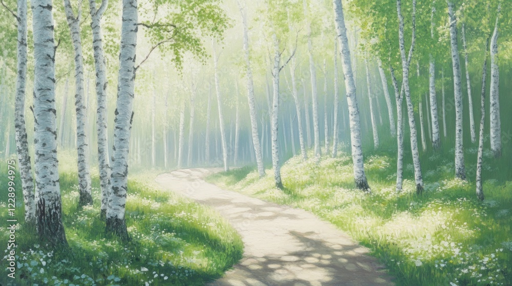 Obraz premium Sunlit path winding through a birch forest.