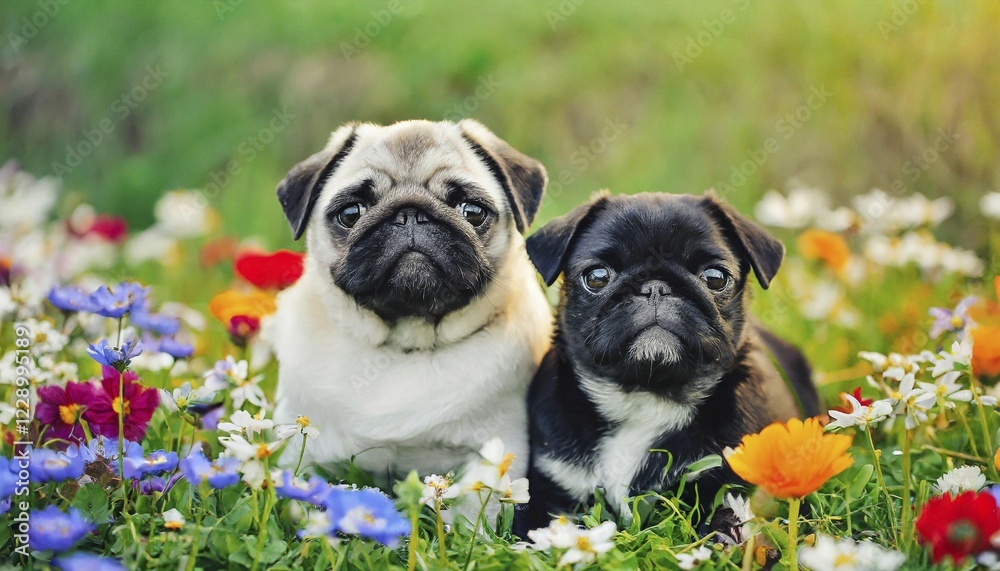 Fototapeta premium KI generated, animal, animals, mammal, mammals, dog, domestic dogs (Canis lupus familiaris), flower meadow, spring
