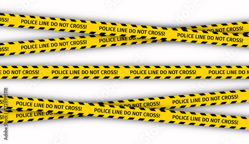 Police line do not cross ribbons. Warning tapes for criminal accident places. Yellow black barrier tape. Caution crime scene bands. Seamless striped boundary lines. Vector illustration.