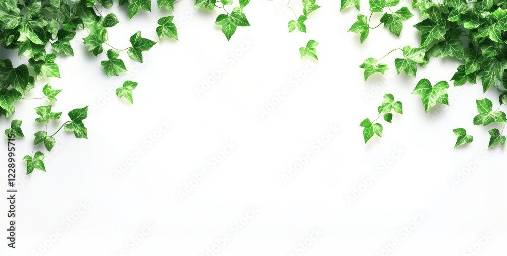 Lush green ivy leaves frame a pristine white background, perfect for text or design. Lush green ivy leaves frame a pristine white background, perfect for text or design.
