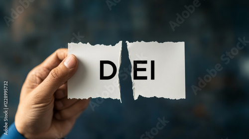 A hand holding a torn piece of paper showing DEI, symbolizing end of diversity, equity, and inclusion themes, suggesting separation or change in social contexts. photo