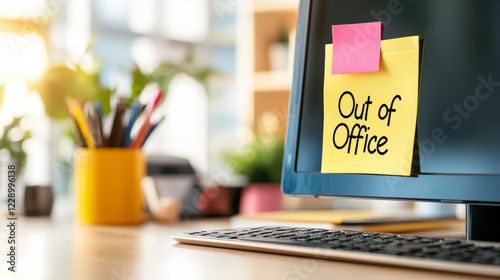 A desk with a computer showing a yellow sticky note stating Out of Office surrounded by vibrant office supplies and bathed in natural light.