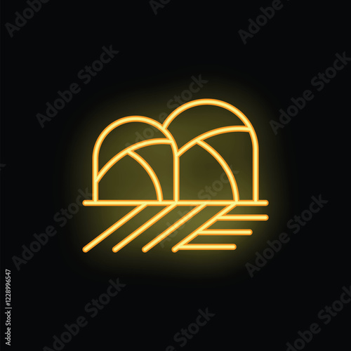 Yellow neon sign depicting agricultural greenhouses with seedlings growing in even rows