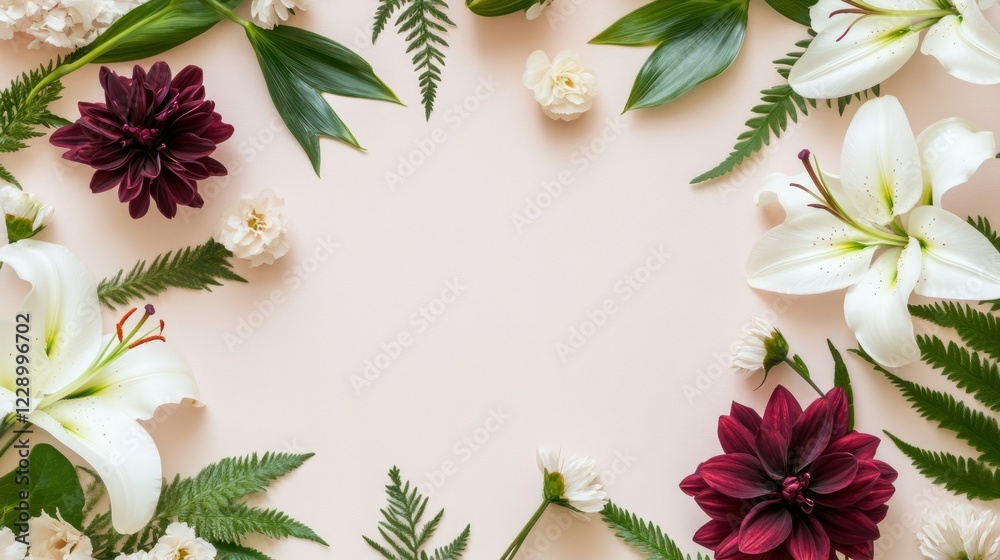 Naklejka premium Flat lay of white lilies, dahlias, ferns, and greenery arranged in a frame on a pink background, leaving a blank space in the center.
