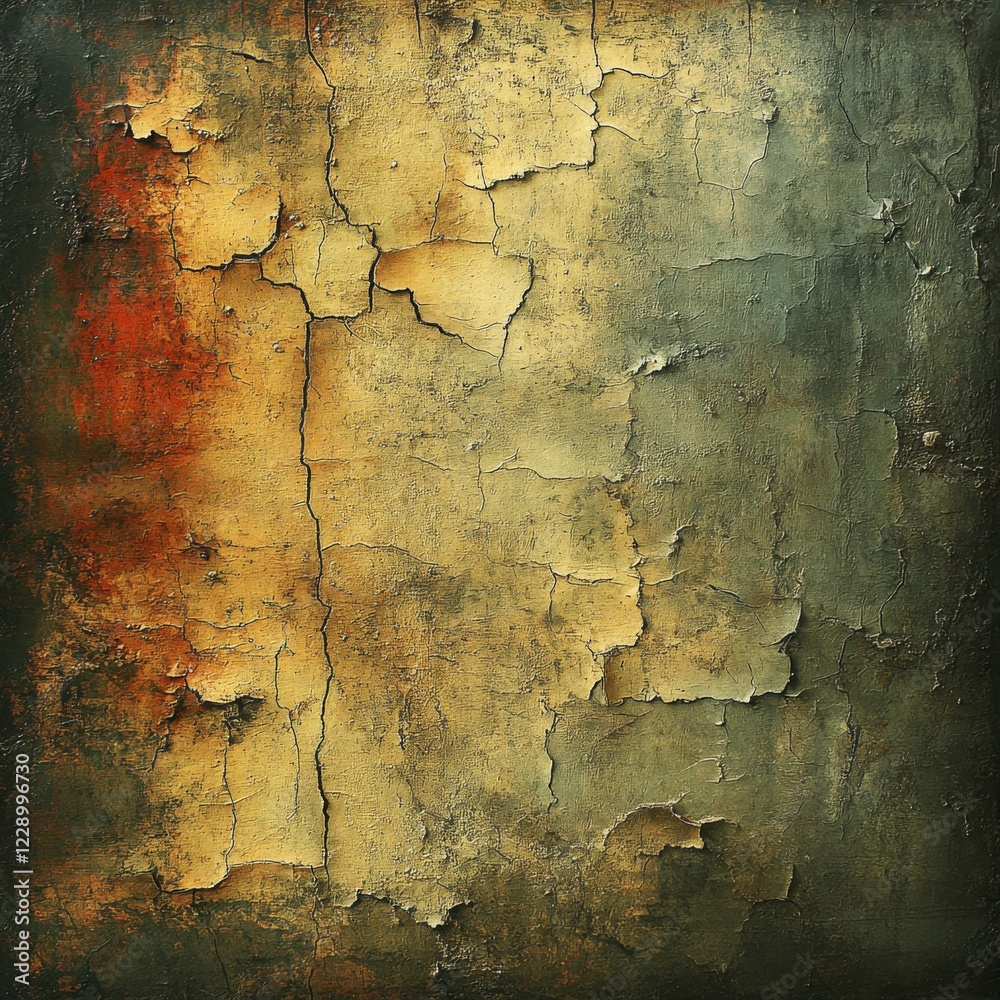 Obraz premium Cracked and weathered paint with orange and green hues creating an antique atmosphere, AI generated
