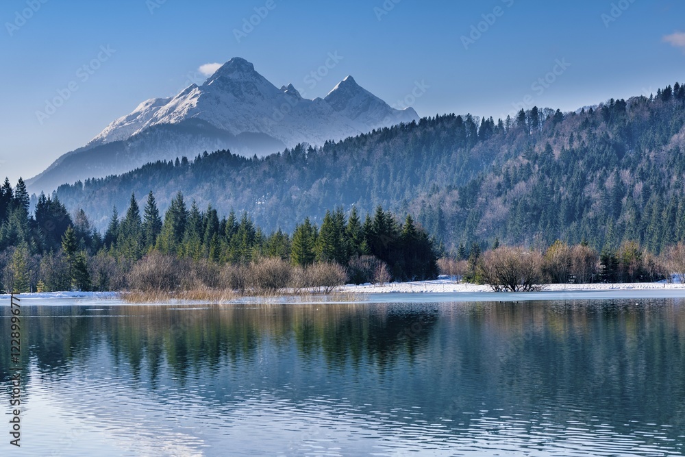 Isar reservoir with Alpspitze in winter, near Krün, Werdenfelser Land, Upper Bavaria, district of Garmisch Partenkirchen, Germany, Europe Isar reservoir with Alpspitze in winter, near Krün, Werdenfelser Land, Upper Bavaria, district of Garmisch Partenkirchen, Germany, Europe