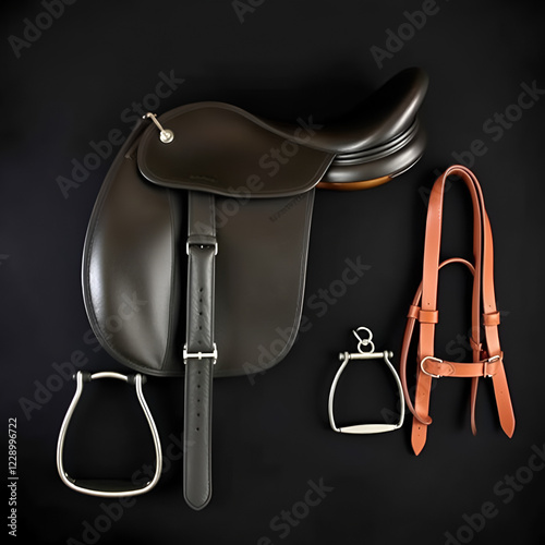 Horseback riding saddle and horse equipment on a dark background. Saddle pad, stirrups, stirrup leathers photo