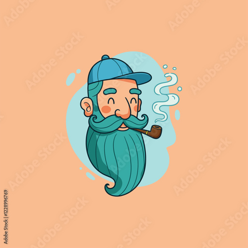 Charming Cartoon Man: Blue Beard, Pipe, and Cap in a Whimsical Style photo