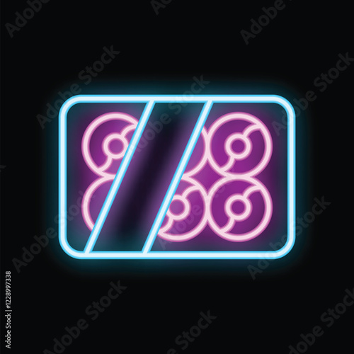 Bright neon sign depicting a box of sushi with glowing pink and blue lights on a dark background