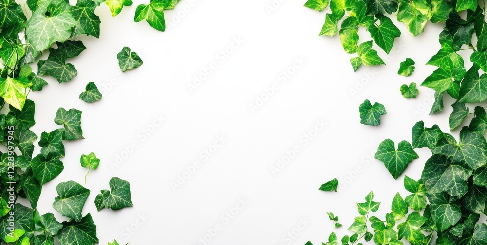 Lush green ivy leaves border on white background; copy space. Lush green ivy leaves border on white background; copy space.