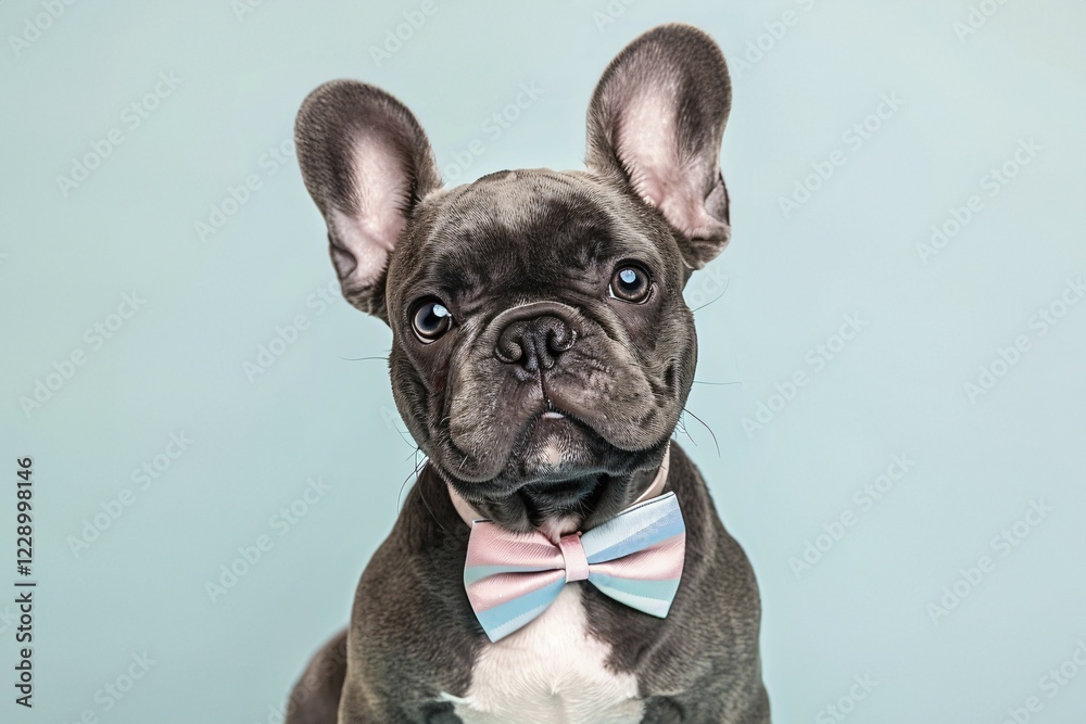 Cute black Frendh Bulldog dog with bow tie in front of blue studio background. Generative Ai, AI generated Cute black Frendh Bulldog dog with bow tie in front of blue studio background. Generative Ai, AI generated