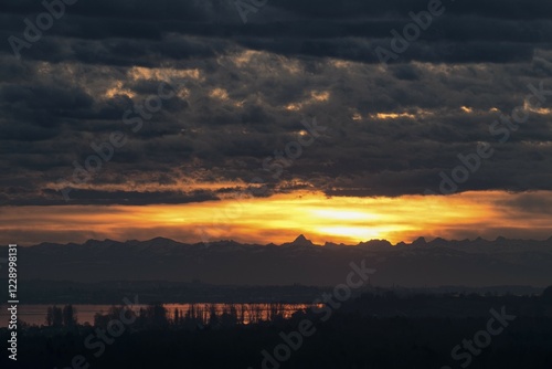 Sunrise over the Alps with Foehn clouds, western Lake Constance at the front, Baden-Württemberg, Germany, Europe photo