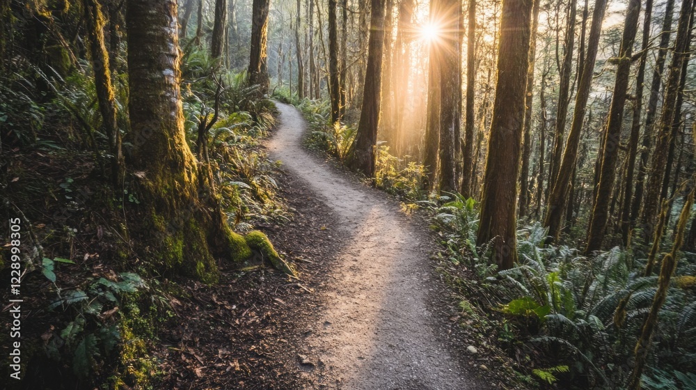Naklejka premium Sunlit trail winding through a lush, mossy forest.