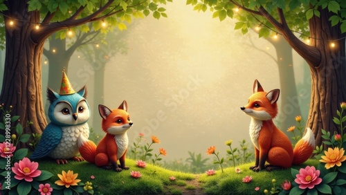 Enchanted Forest Gathering A Festive Owl and Two Foxes Celebrate in a Magical Woodland Setting