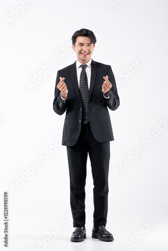 A man in a black suit and tie stands in front of a white background