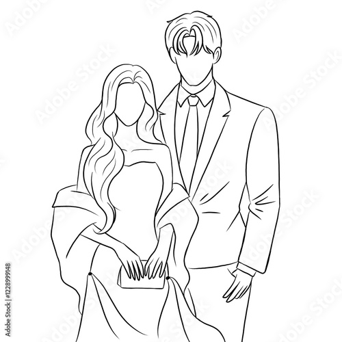 Illustration of couple vector. Standing couple. Business man and his wife. Line art.