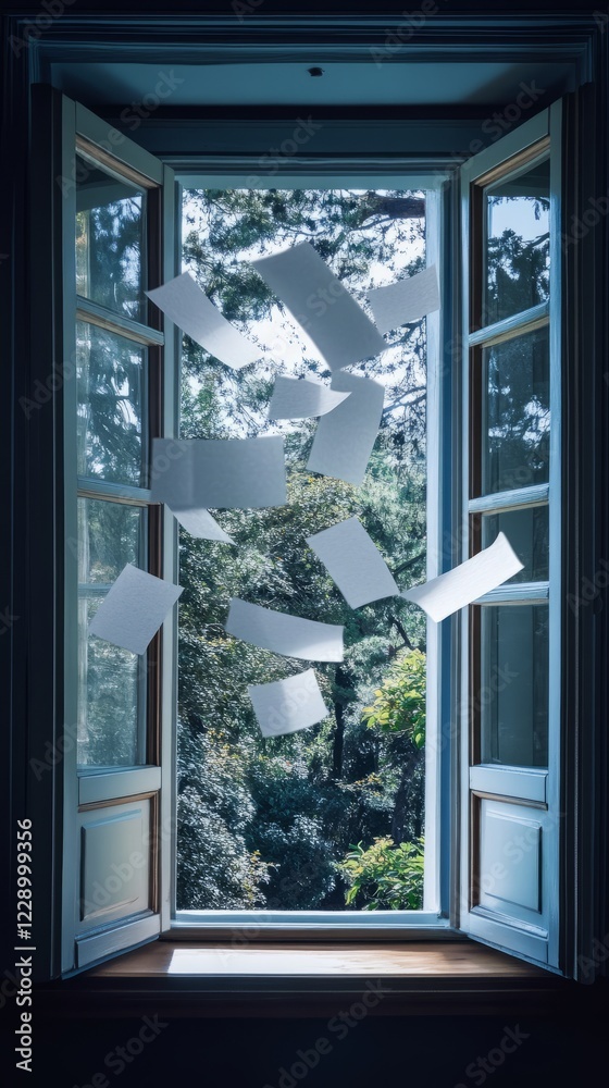 Obraz premium Papers float through an open window with a lush forest view, symbolizing freedom and creativity.