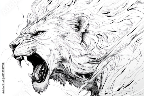 Majestic roaring lion head, detailed ink drawing, fierce expression, white background.