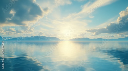 Wallpaper Mural Serene ocean landscape at sunrise with gentle waves reflecting soft clouds and distant mountains Torontodigital.ca