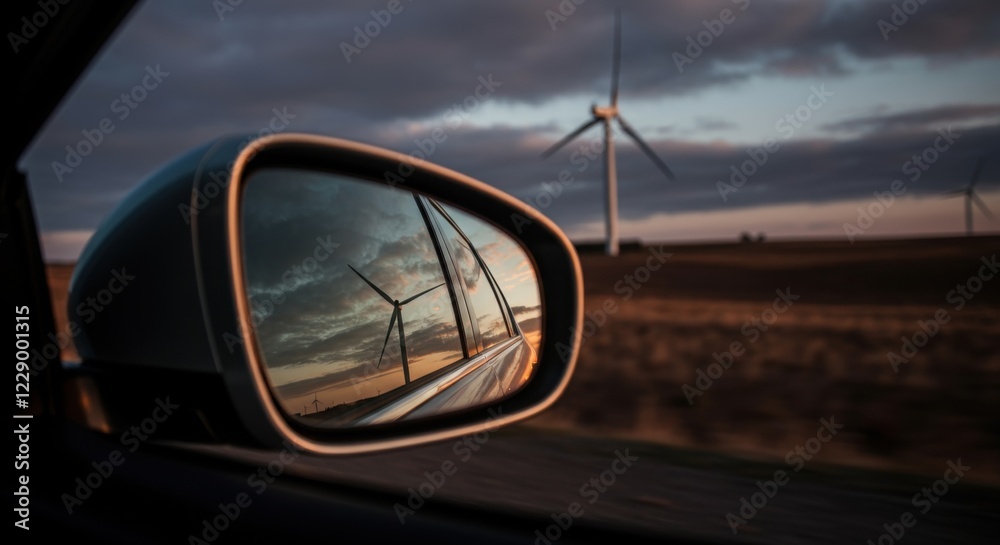 Wind turbines reflected in car side mirror during sunset drive on rural road Wind turbines reflected in car side mirror during sunset drive on rural road