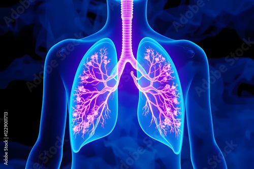 Glowing human lungs with a futuristic medical interface, symbolizing healthcare, technology, and respiratory health with blue neon copy space photo