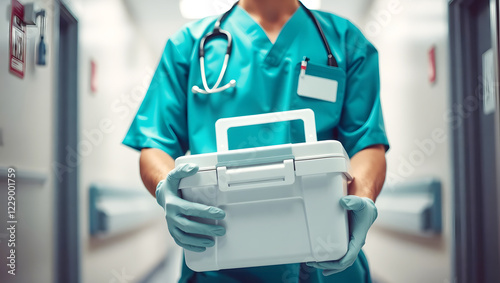 Healthcare professional in scrubs holding a medical device, symbolizing modern hospital technology, innovation, and patient care efficiency photo