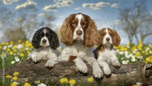 KI generated, animal, animals, mammal, mammals, one, single animal, Picardy Spaniel, Epagneul Picard, Picardy Spaniel, (Canis lupus familiaris), dog, dogs, bitch, hunting dog, dog breed from France, bitch and two puppies