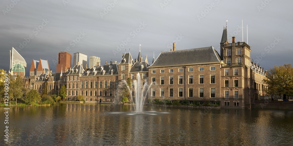 Naklejka premium Binnenhof, skyscrapers at the back, The Hague, Holland, The Netherlands, Europe