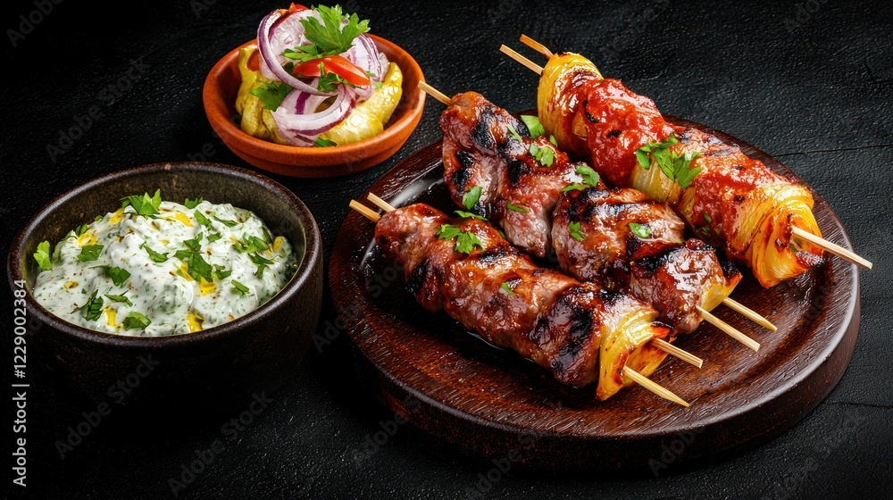 Grilled Meat Skewers with Dips and Salad Grilled Meat Skewers with Dips and Salad