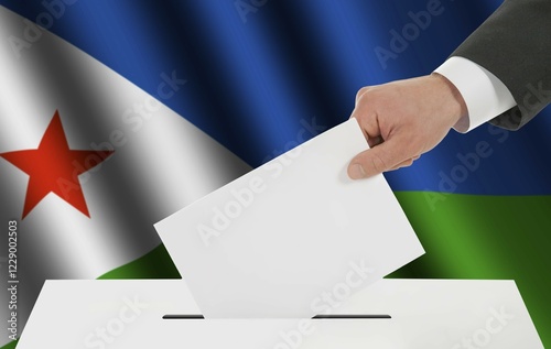 The Djibouti flag and the hand with the bulletin about the ballot box photo