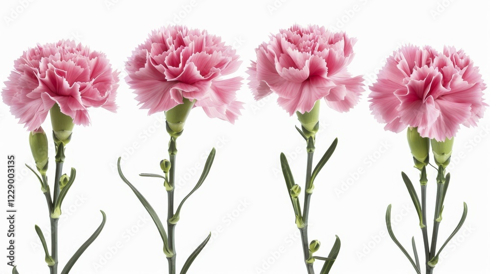 Four pink carnation flowers with green stems elegantly arranged against a white background, AI generated Four pink carnation flowers with green stems elegantly arranged against a white background, AI generated