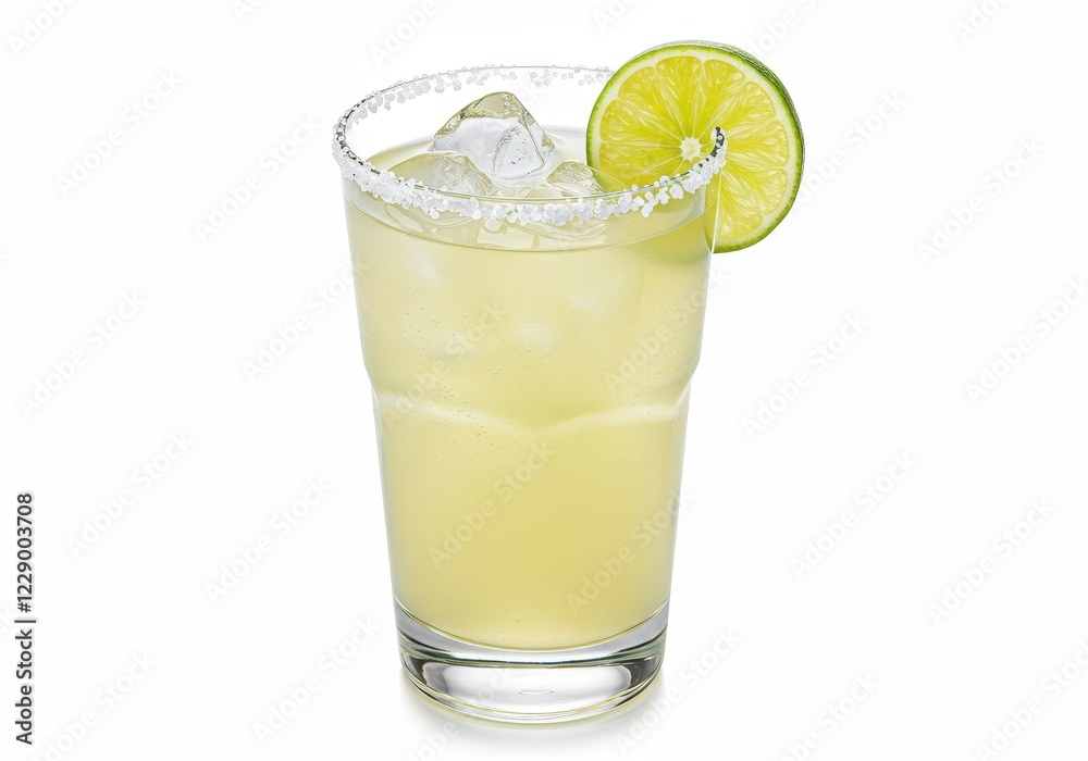 A classic margarita in a tall glass with a salted rim garnished with a fresh lime slice isolated on a white background A classic margarita in a tall glass with a salted rim garnished with a fresh lime slice isolated on a white background