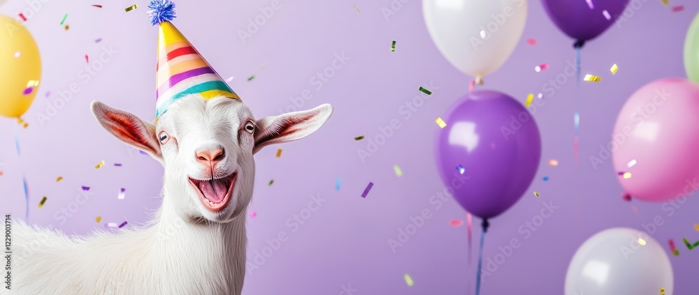 Happy goat wearing a party hat surrounded by balloons and confetti. Happy goat wearing a party hat surrounded by balloons and confetti.