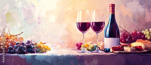 Elegant wine bottles and glasses with grapes. photo