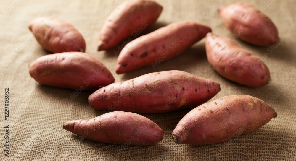 Fresh sweet potatoes on burlap surface with natural light Fresh sweet potatoes on burlap surface with natural light