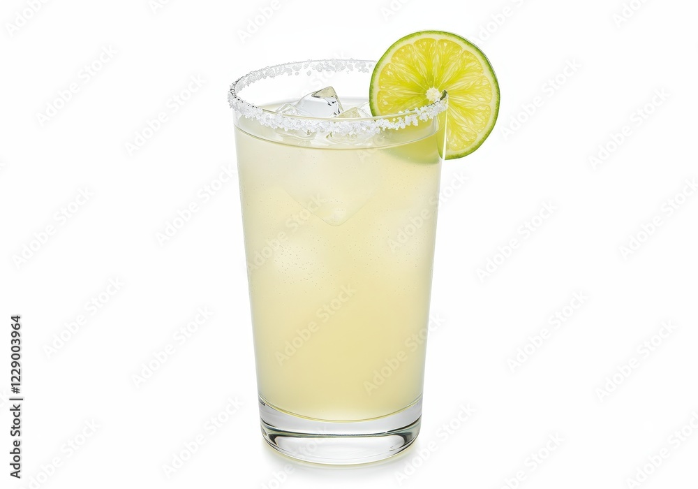 A classic margarita in a tall glass with a salted rim garnished with a fresh lime slice isolated on a white background A classic margarita in a tall glass with a salted rim garnished with a fresh lime slice isolated on a white background