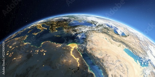 Fototapeta Naklejka Na Ścianę i Meble -  Highly detailed Earth with atmosphere, exaggerated relief and light-flooded cities. Transition from night to day. Africa and Middle East. 3D rendering. Elements of this image furnished by NASA