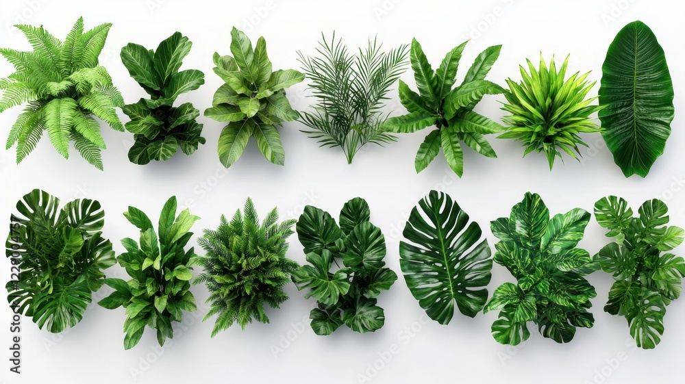Naklejka premium Set of lush green leaves glistening in sunlight, showcasing nature's vibrant beauty and tranquility.