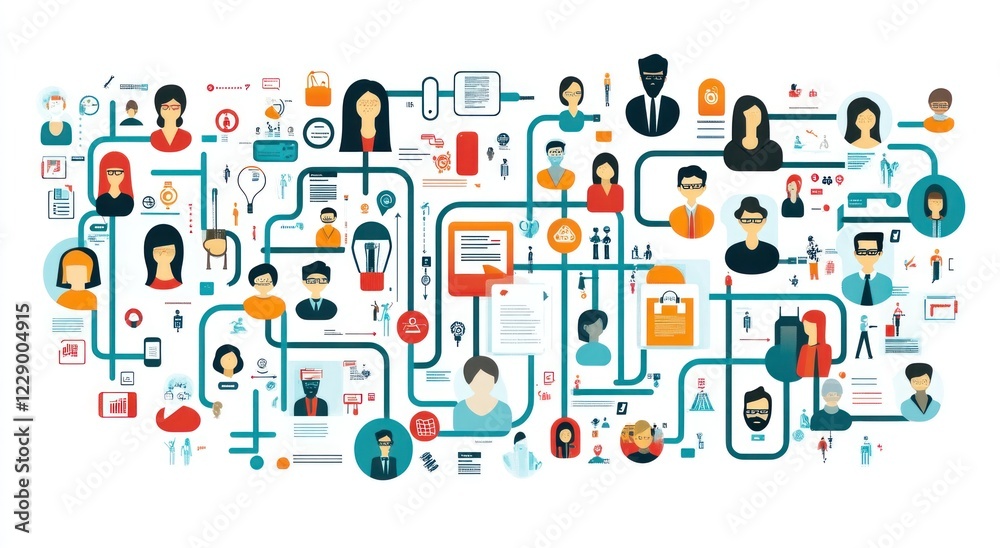 Complex network of interconnected people, documents, and ideas illustrating teamwork, collaboration, and communication in business. Complex network of interconnected people, documents, and ideas illustrating teamwork, collaboration, and communication in business.