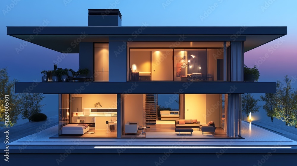 Stunning modern minimalist house illuminated by warm lights at sunset, showcasing an elegant interior and open floor design, perfect for serene living. Stunning modern minimalist house illuminated by warm lights at sunset, showcasing an elegant interior and open floor design, perfect for serene living.